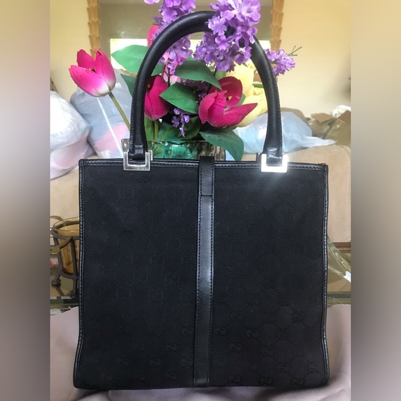Vintage Gucci Elegant small Black leather&fabric Tote Bag silver color details - Picture 2 of 16